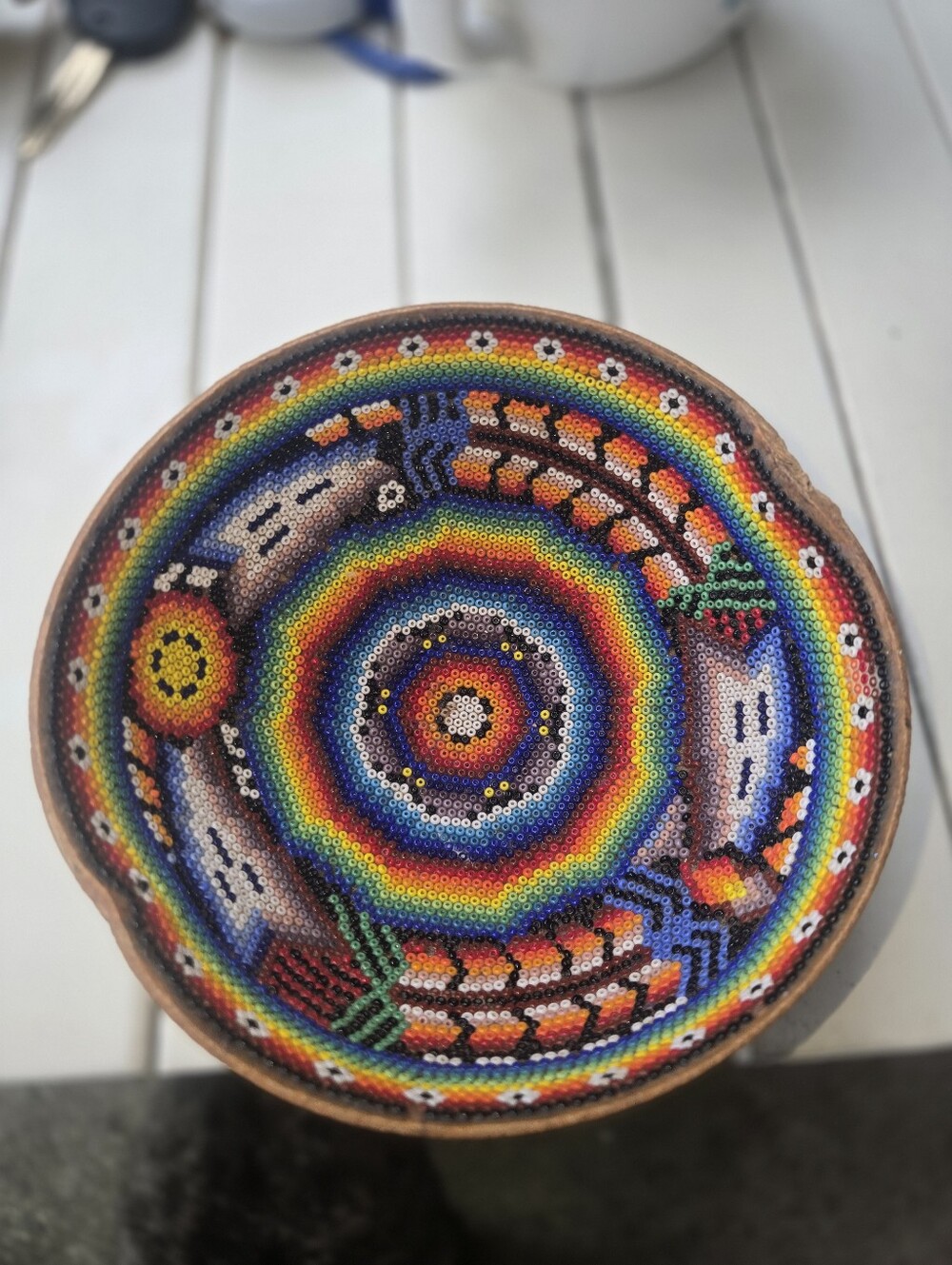 Mexican Huichol Handcrafted Rainbow Beaded Bowl